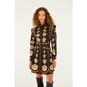 Farm Rio Embroidered Flowers Long Sleeve Mini Black Φόρεμα