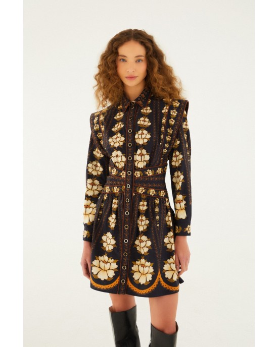 Farm Rio Embroidered Flowers Long Sleeve Mini Black Φόρεμα