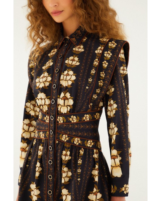 Farm Rio Embroidered Flowers Long Sleeve Mini Black Φόρεμα