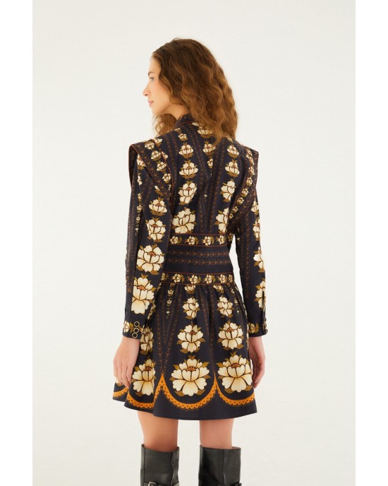 Farm Rio Embroidered Flowers Long Sleeve Mini Black Φόρεμα