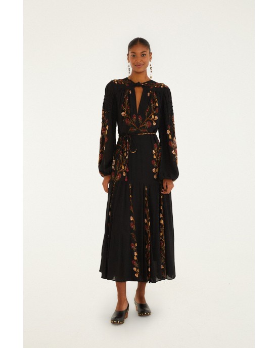 Farm Rio Black Berry Garden Long Sleeve Pleated Maxi Φόρεμα