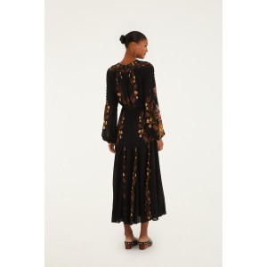 Farm Rio Black Berry Garden Long Sleeve Pleated Maxi Φόρεμα