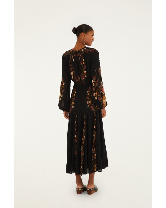 Farm Rio Black Berry Garden Long Sleeve Pleated Maxi Φόρεμα