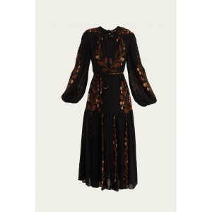 Farm Rio Black Berry Garden Long Sleeve Pleated Maxi Φόρεμα