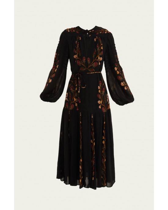 Farm Rio Black Berry Garden Long Sleeve Pleated Maxi Φόρεμα