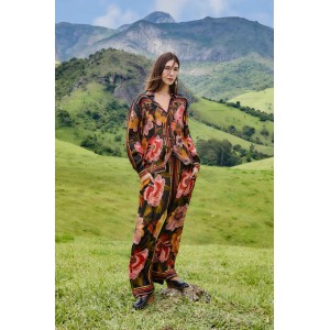 Farm Rio Chenille Flowers Viscose Black Πουκάμισο & Παντελόνι