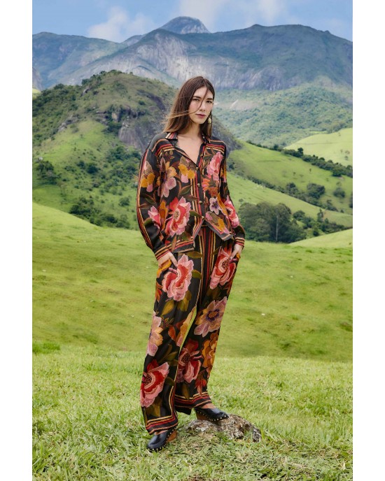 Farm Rio Chenille Flowers Viscose Black Πουκάμισο & Παντελόνι