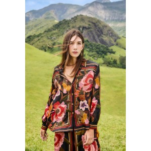 Farm Rio Chenille Flowers Viscose Black Πουκάμισο & Παντελόνι