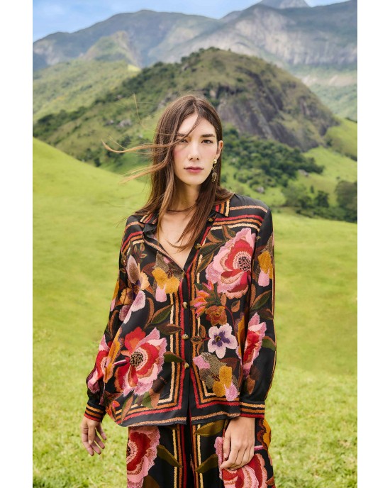 Farm Rio Chenille Flowers Viscose Black Πουκάμισο & Παντελόνι