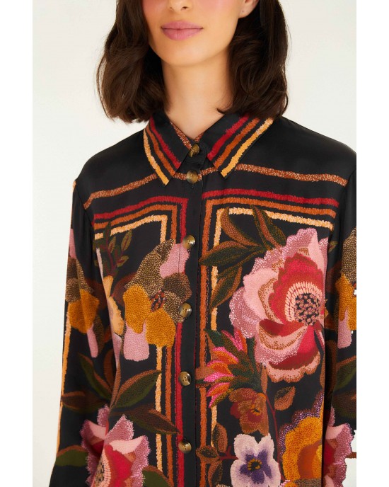 Farm Rio Chenille Flowers Viscose Black Πουκάμισο & Παντελόνι