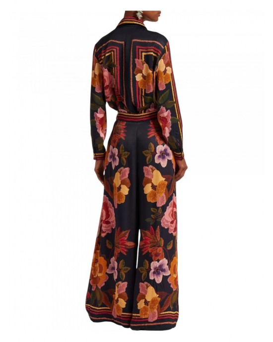 Farm Rio Chenille Flowers Viscose Black Πουκάμισο & Παντελόνι