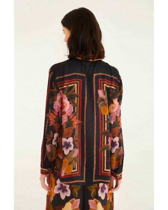 Farm Rio Chenille Flowers Viscose Black Πουκάμισο & Παντελόνι
