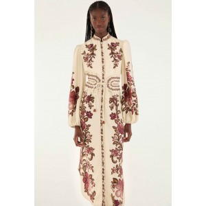 Farm Rio Renata Floral Long Sleeve Midi Sand Φόρεμα