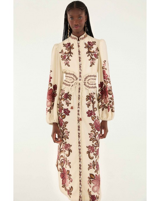 Farm Rio Renata Floral Long Sleeve Midi Sand Φόρεμα