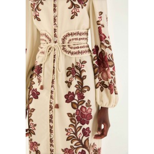 Farm Rio Renata Floral Long Sleeve Midi Sand Φόρεμα