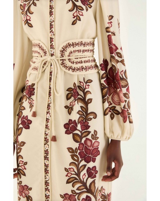 Farm Rio Renata Floral Long Sleeve Midi Sand Φόρεμα