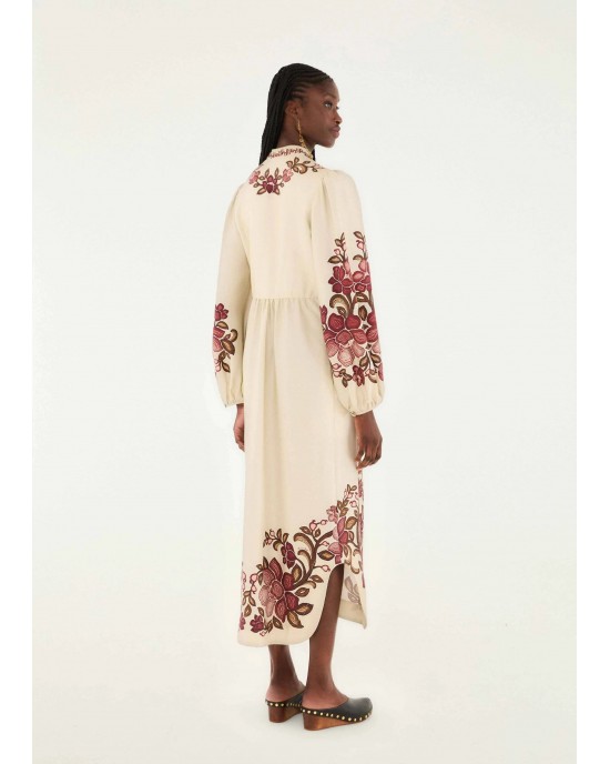 Farm Rio Renata Floral Long Sleeve Midi Sand Φόρεμα