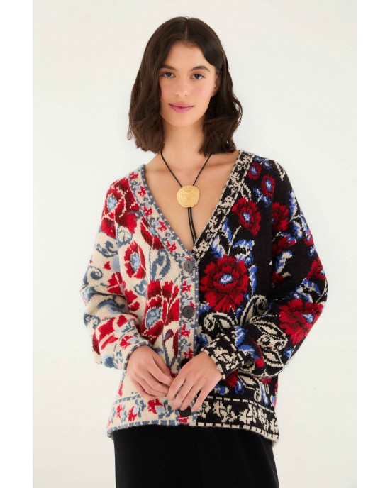 Farm Rio Mixed Valentina V-Neck Knit Black Ζακέτα