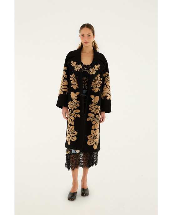 Farm Rio Bold Flowers Black Fleece Παλτό Farm Rio Bold Flowers Black Fleece Παλτό
