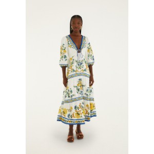 Farm Rio Emily Floral Tapestry Off White Drawstring Midi Φόρεμα