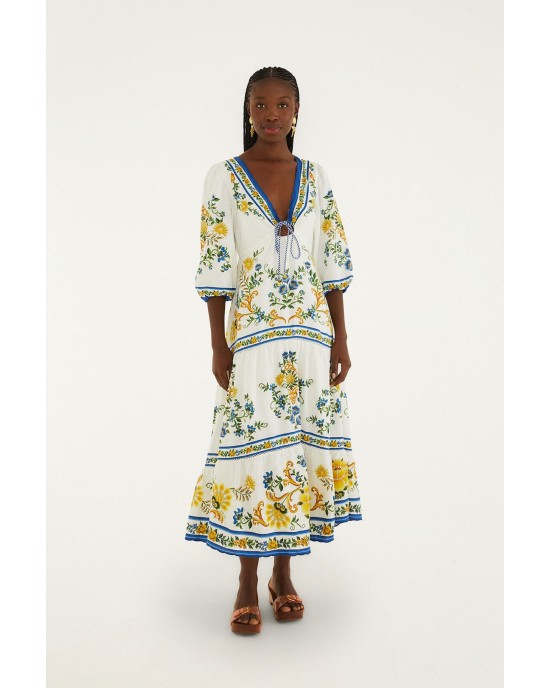 Farm Rio Emily Floral Tapestry Off White Drawstring Midi Φόρεμα