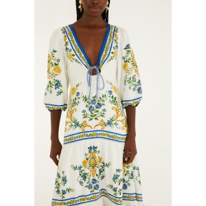 Farm Rio Emily Floral Tapestry Off White Drawstring Midi Φόρεμα