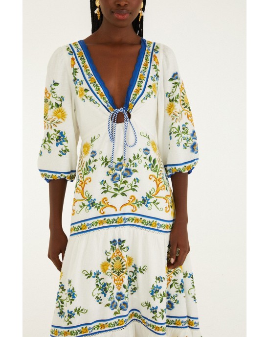 Farm Rio Emily Floral Tapestry Off White Drawstring Midi Φόρεμα