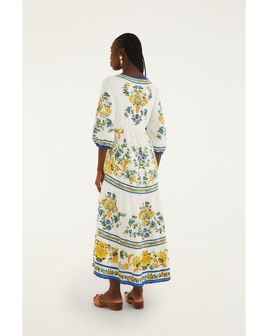 Farm Rio Emily Floral Tapestry Off White Drawstring Midi Φόρεμα