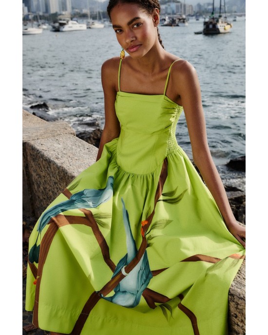 Farm Rio Green Birds Smocked Maxi Φόρεμα