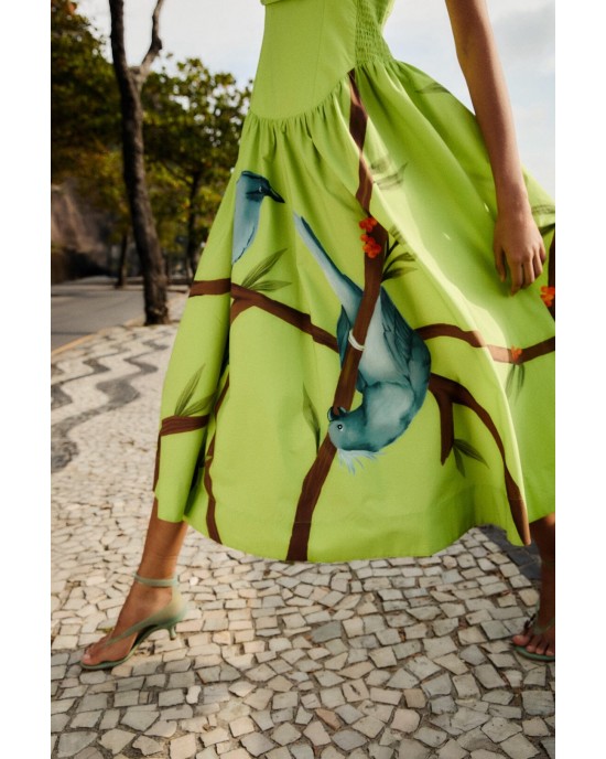 Farm Rio Green Birds Smocked Maxi Φόρεμα