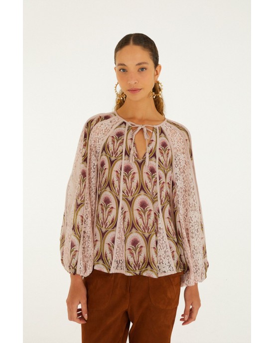 Farm Rio Birds Tree Garden Lace Long Sleeve Μπλούζα