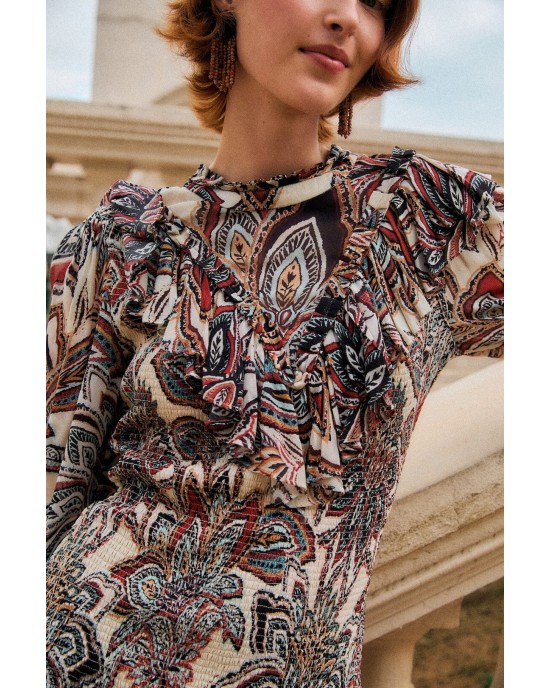 Farm Rio Tapestry Flowers Long Sleves Mini Φόρεμα
