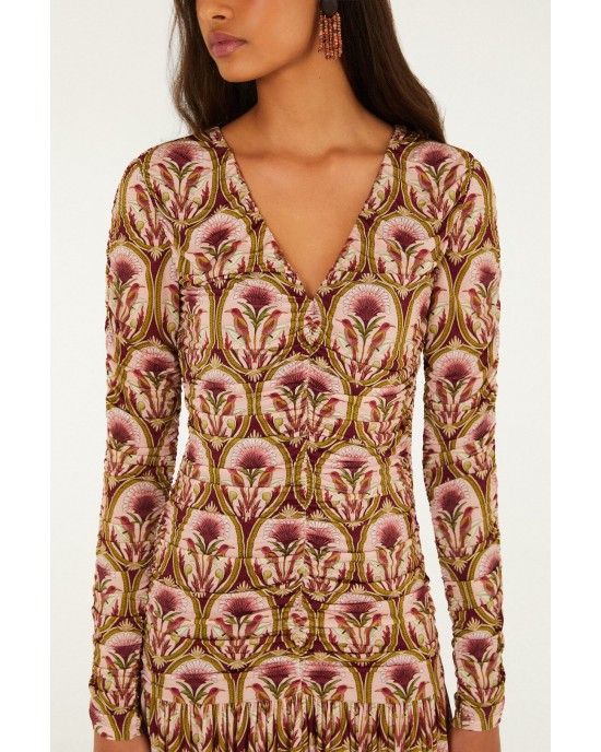 Farm Rio Golden Medal Long Sleeve Ruched Mini Φόρεμα