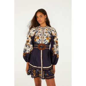 Farm Rio Golden Nature Belted Long Sleeve Mini Φόρεμα