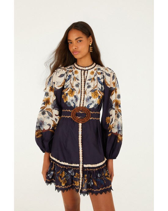 Farm Rio Golden Nature Belted Long Sleeve Mini Φόρεμα