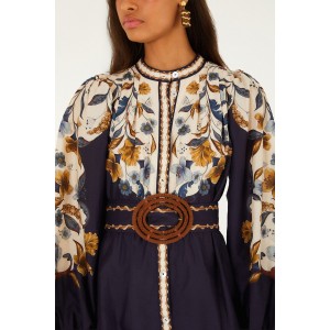 Farm Rio Golden Nature Belted Long Sleeve Mini Φόρεμα