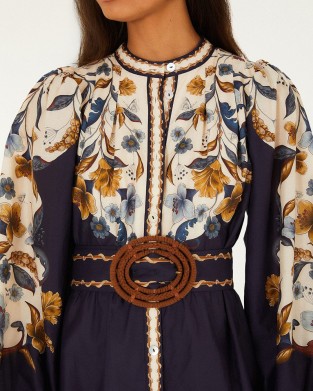Farm Rio Golden Nature Belted Long Sleeve Mini Φόρεμα