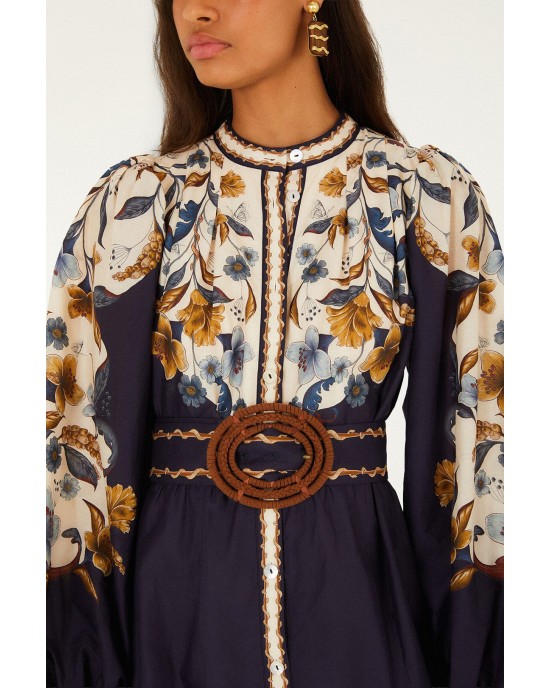 Farm Rio Golden Nature Belted Long Sleeve Mini Φόρεμα