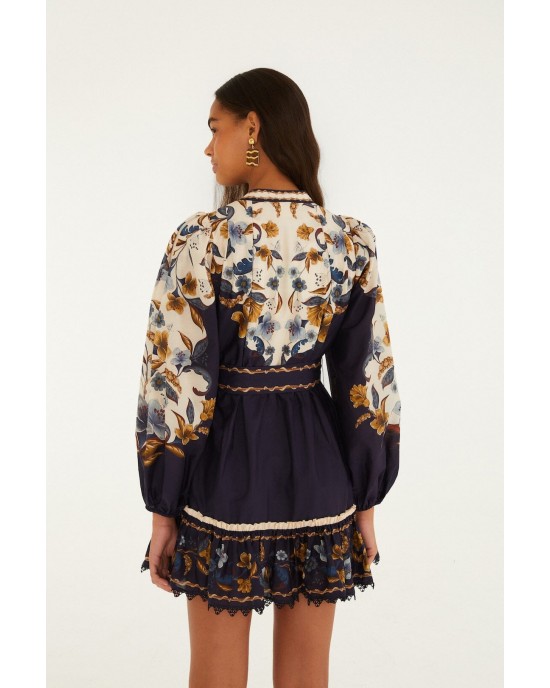 Farm Rio Golden Nature Belted Long Sleeve Mini Φόρεμα