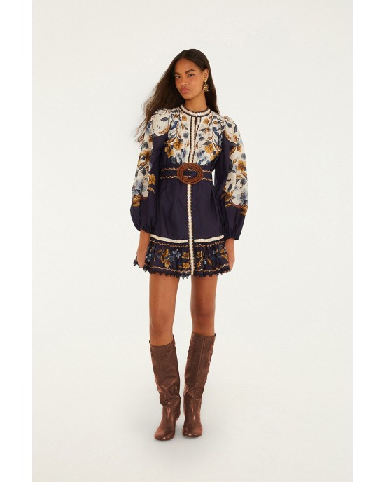 Farm Rio Golden Nature Belted Long Sleeve Mini Φόρεμα
