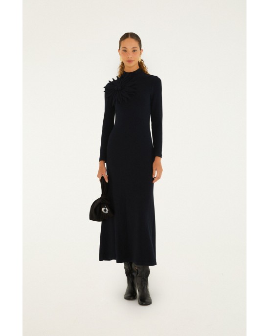 Farm Rio 3D Flower Long Sleeve Black Maxi Φόρεμα
