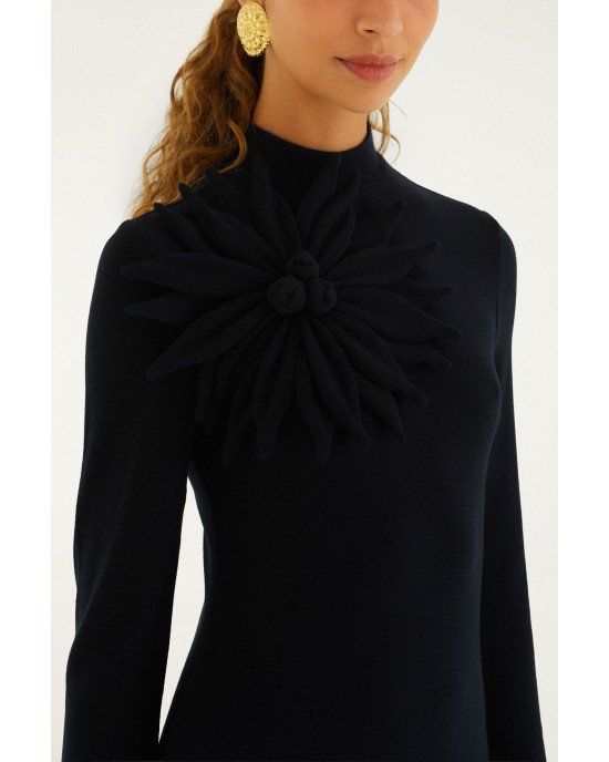 Farm Rio 3D Flower Long Sleeve Black Maxi Φόρεμα