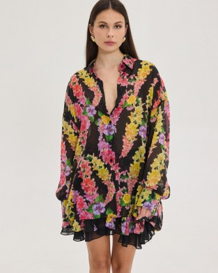 Hemithea Heather Dragon Flower Black Πουκάμισο