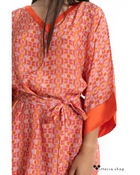 HolyCow Kimono Μπλούζα Με Ζώνη Ροζ/Πορτοκαλί