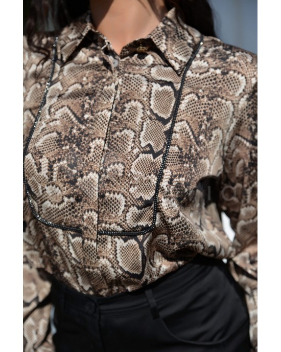 House Of Angels Rhinestones Seams Snake Print Camel Πουκάμισο