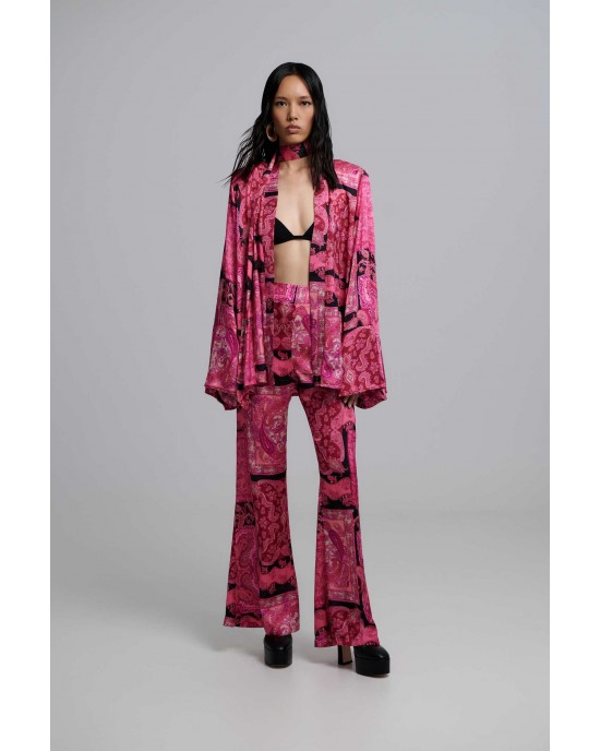Iraida Selma Fuchsia Satin Set Kimono & Παντελόνι