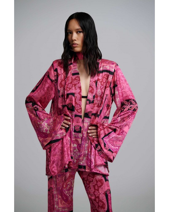 Iraida Selma Fuchsia Satin Set Kimono & Παντελόνι