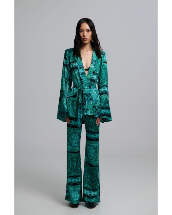 Iraida Selma Satin Green Set Kimono & Παντελόνι