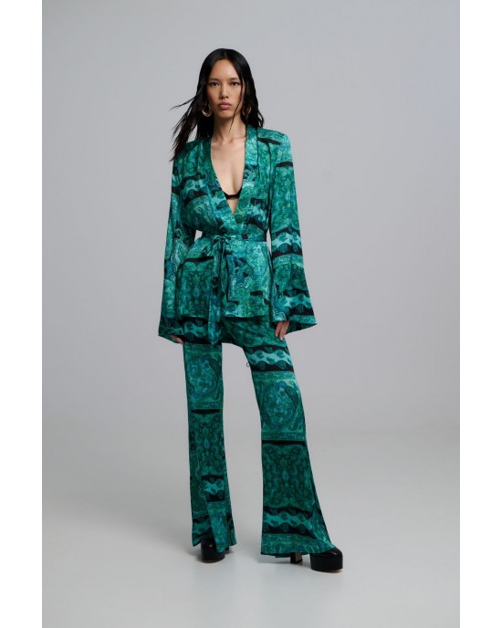 Iraida Selma Satin Green Set Kimono & Παντελόνι