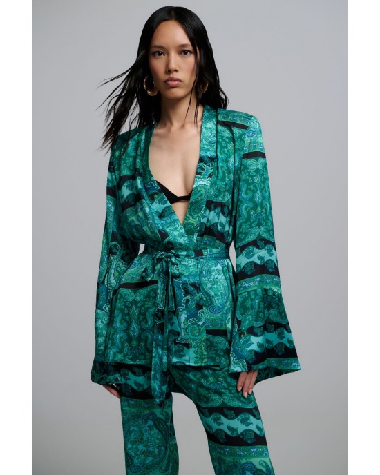Iraida Selma Satin Green Set Kimono & Παντελόνι